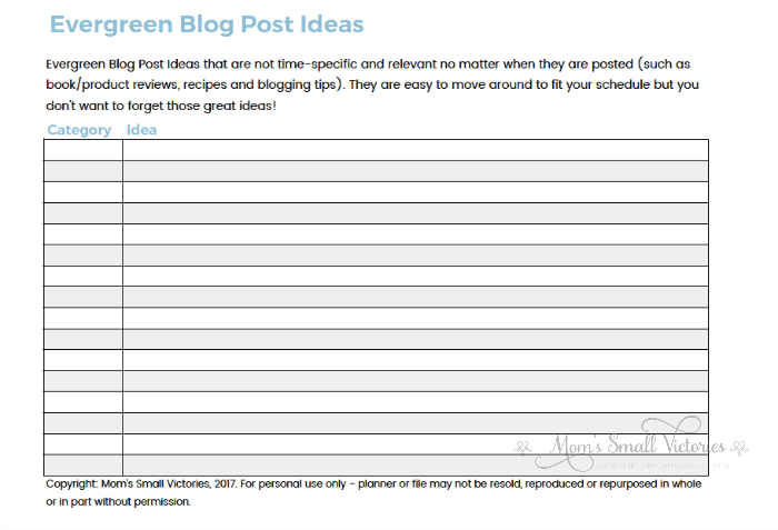 evergreen blog post ideas free blog planner