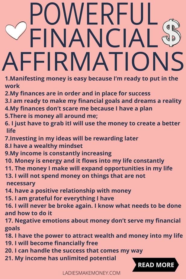 Powerful Financial Affirmations to attract money! I love these positive money affirmation mantras. Do these every day and watch how the law of attraction will manifest itself in your life. Practice gratitude and be grateful for the wealth you already have. No need to be a lottery winner, you can win with life with these daily money affirmations. Money affirmations law of attraction. positive money affirmations for wealth. manifest money affirmations into your life. powerful money affirmations mindset. money affirmations manifest saving morning